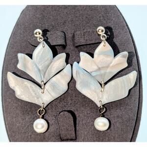 Blue Gray Sheen Polymer Clay Leaf 925 Sterling Genuine Pearl Dangle Earrings